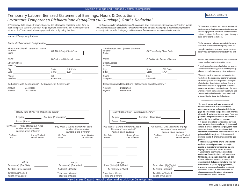 Form MW-24S Temporary Laborer Itemized Statement of Earnings, Hours  Deductions - New Jersey (English / Italian), Page 1