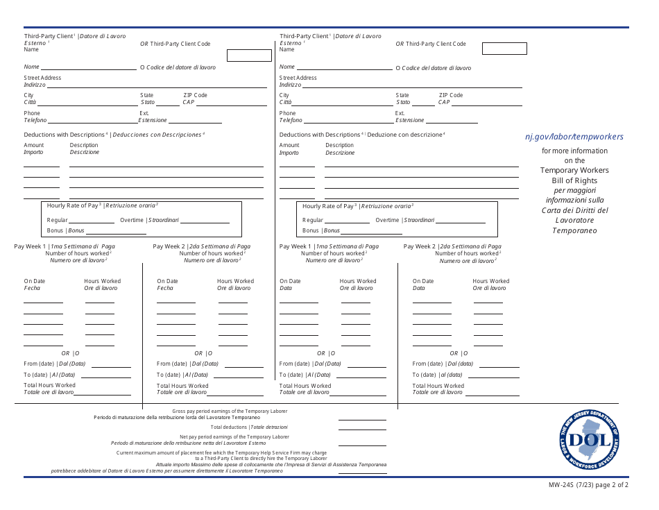 Form MW-24S Temporary Laborer Itemized Statement of Earnings, Hours  Deductions - New Jersey (English / Italian), Page 2