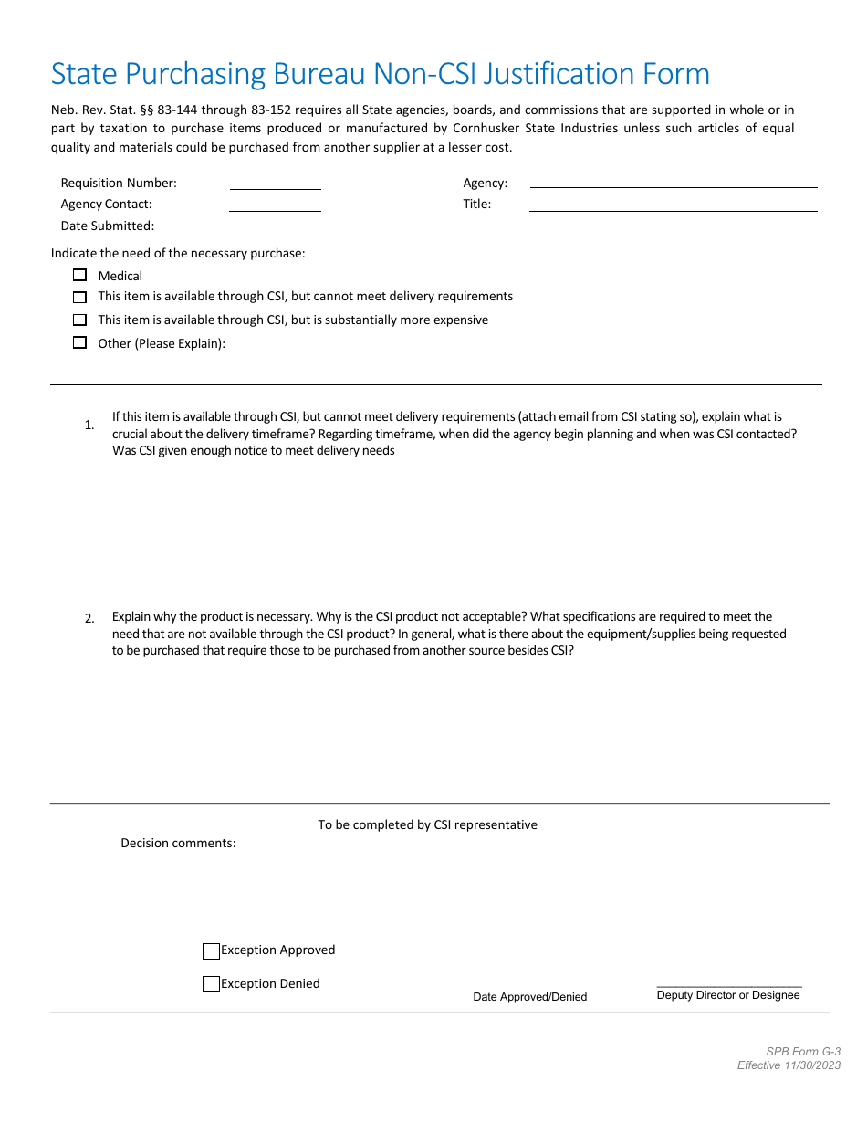 SPB Form G-3 State Purchasing Bureau Non-csi Justification Form - Nebraska, Page 1