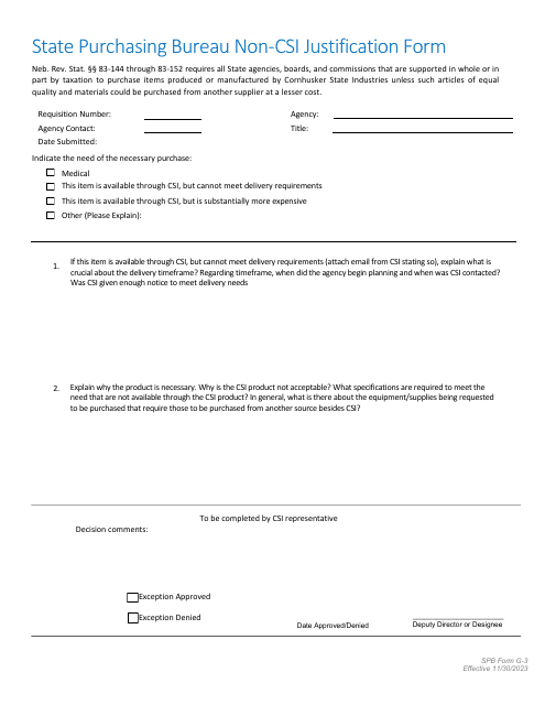 SPB Form G-3 State Purchasing Bureau Non-csi Justification Form - Nebraska
