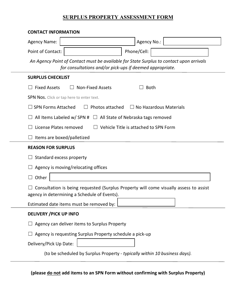 Surplus Property Assessment Form - Nebraska, Page 1