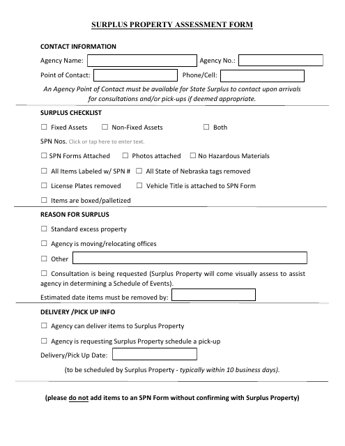 Surplus Property Assessment Form - Nebraska