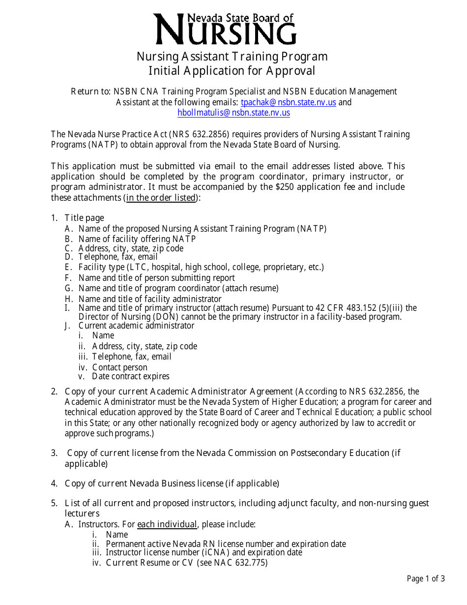 Initial Application for Approval - Nursing Assistant Training Program - Nevada, Page 1