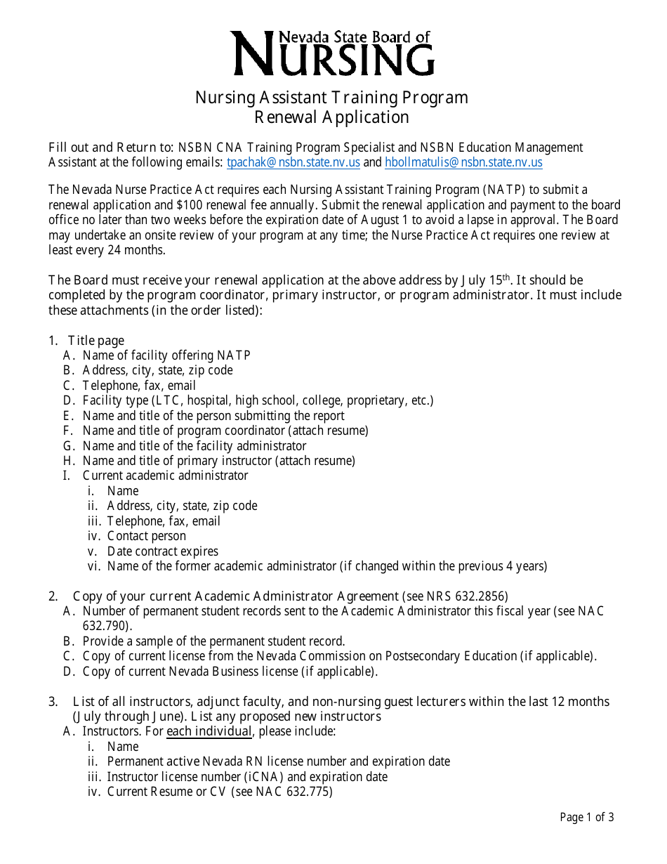Nursing Assistant Training Program Renewal Application - Nevada, Page 1