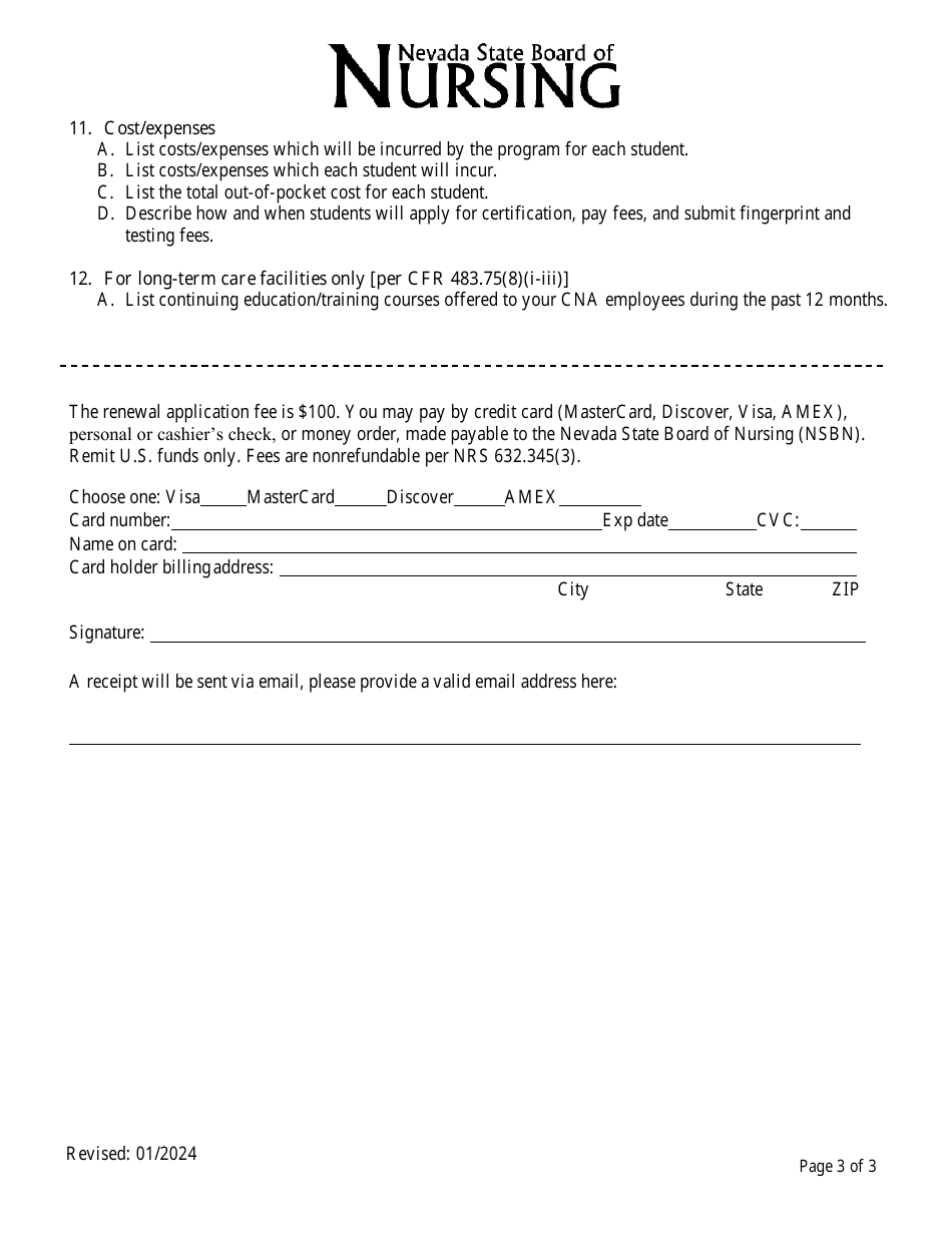 Nursing Assistant Training Program Renewal Application - Nevada, Page 3