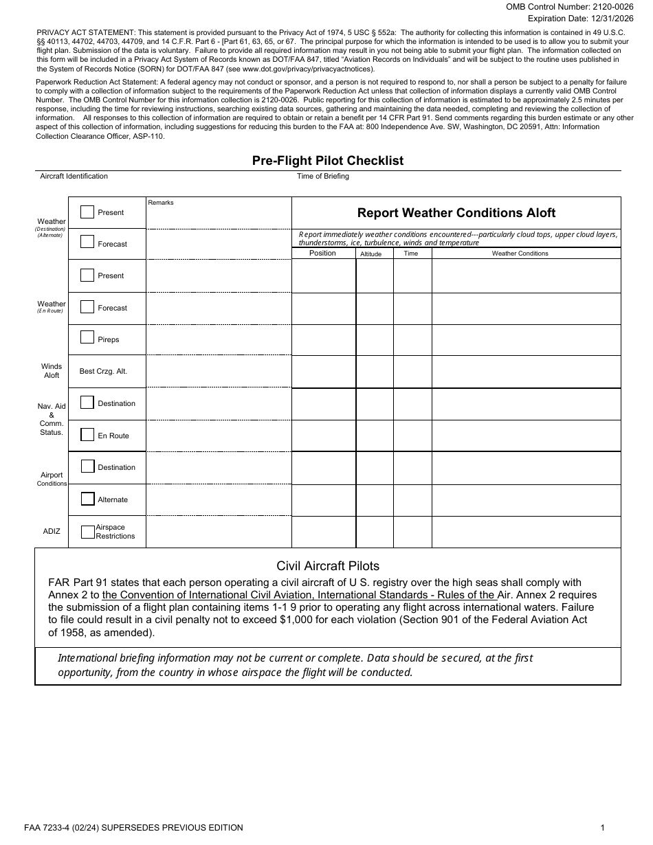 FAA Form 7233-4 Pre-flight Pilot Checklist and International Flight Plan, Page 1