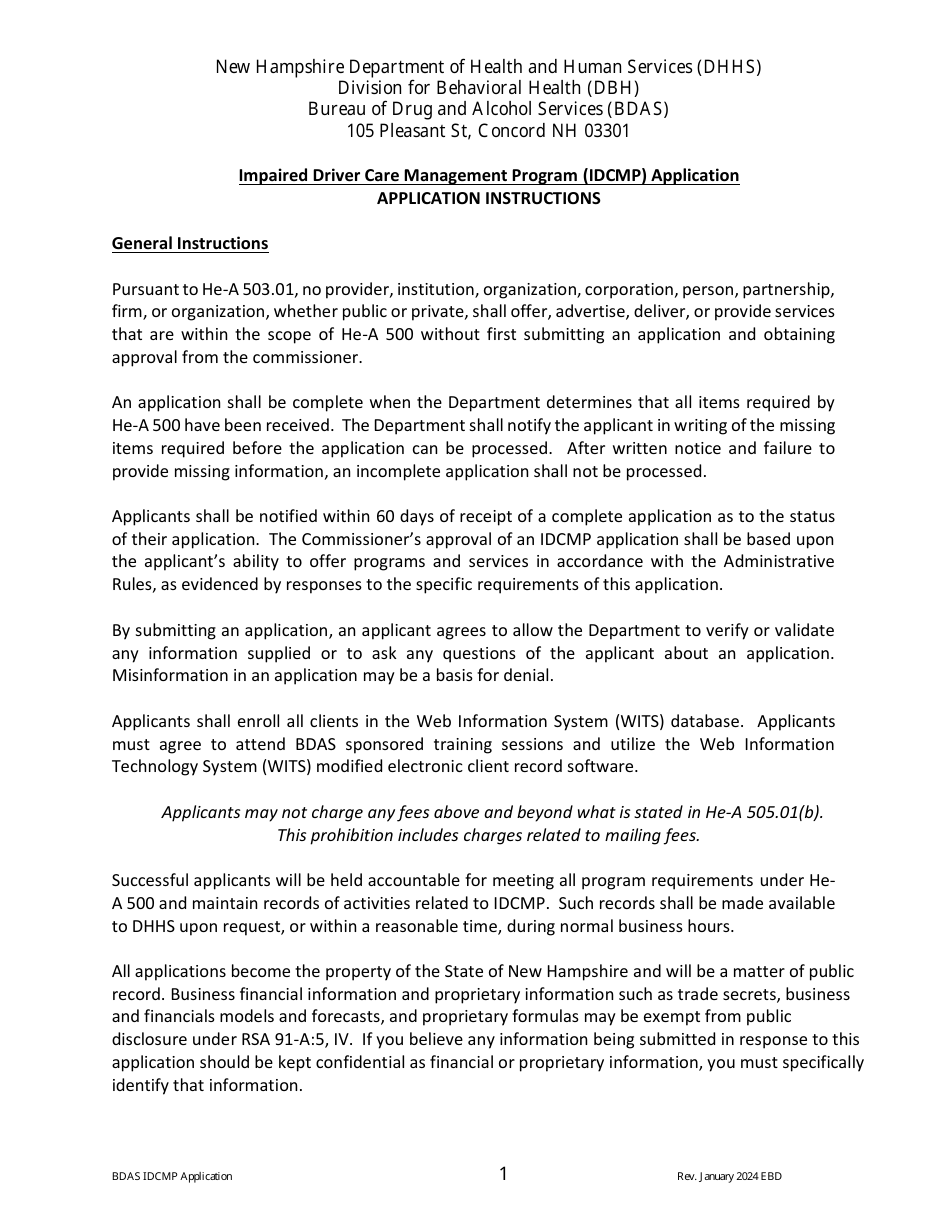 Impaired Driver Care Management Program (Idcmp) Application - New Hampshire, Page 1