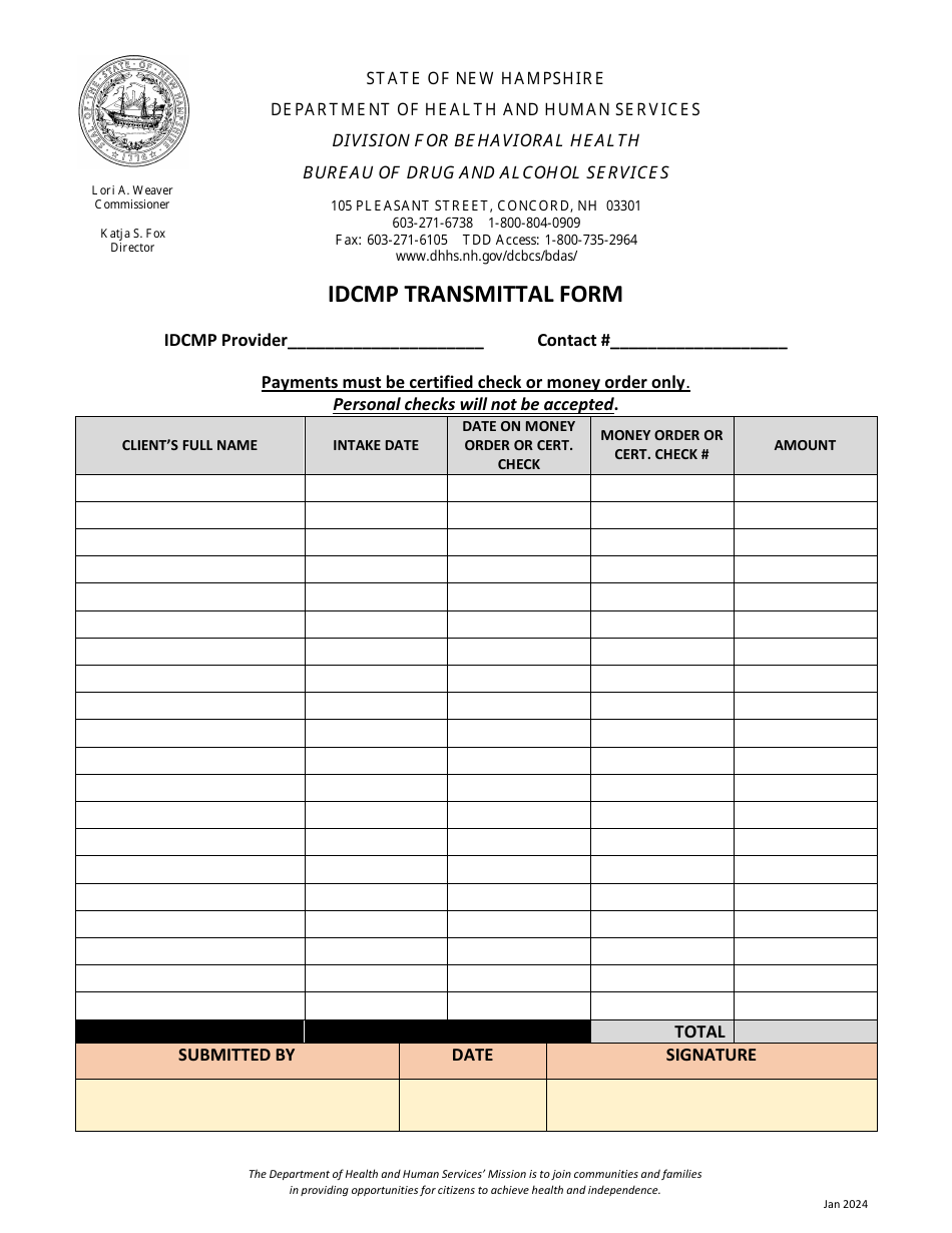Idcmp Transmittal Form - New Hampshire, Page 1