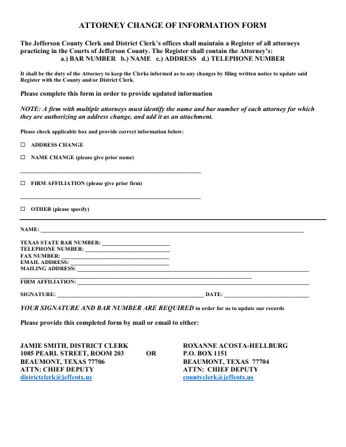 Attorney Change of Information Form - Jefferson County, Texas