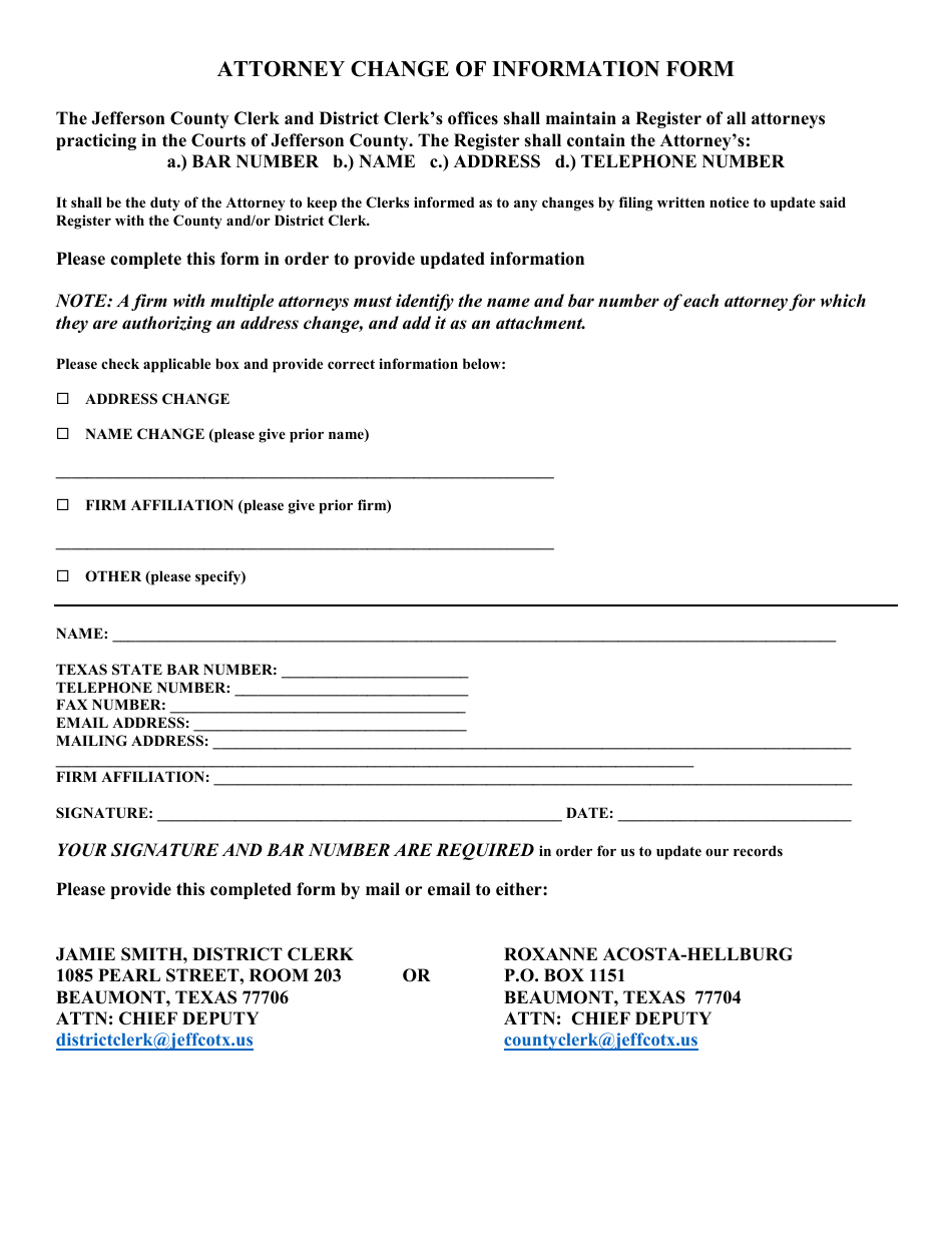 Attorney Change of Information Form - Jefferson County, Texas, Page 1
