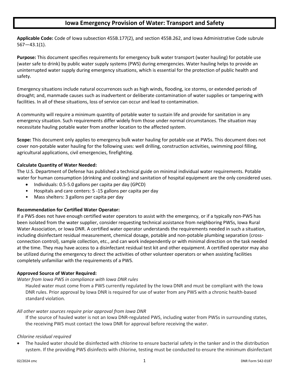 DNR Form 542-0187 Download Fillable PDF or Fill Online Bulk Drinking ...