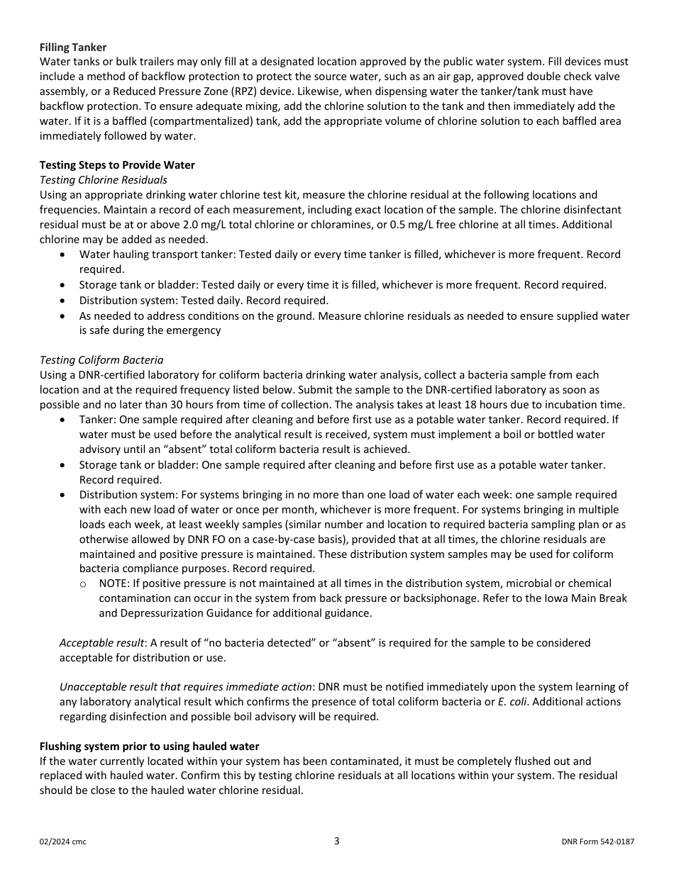 DNR Form 542-0187 Bulk Drinking Water Hauling Record - Iowa, Page 3