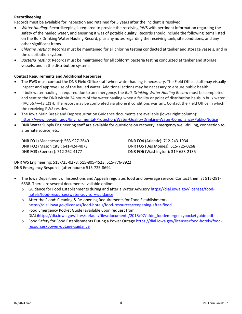 DNR Form 542-0187 Bulk Drinking Water Hauling Record - Iowa, Page 4