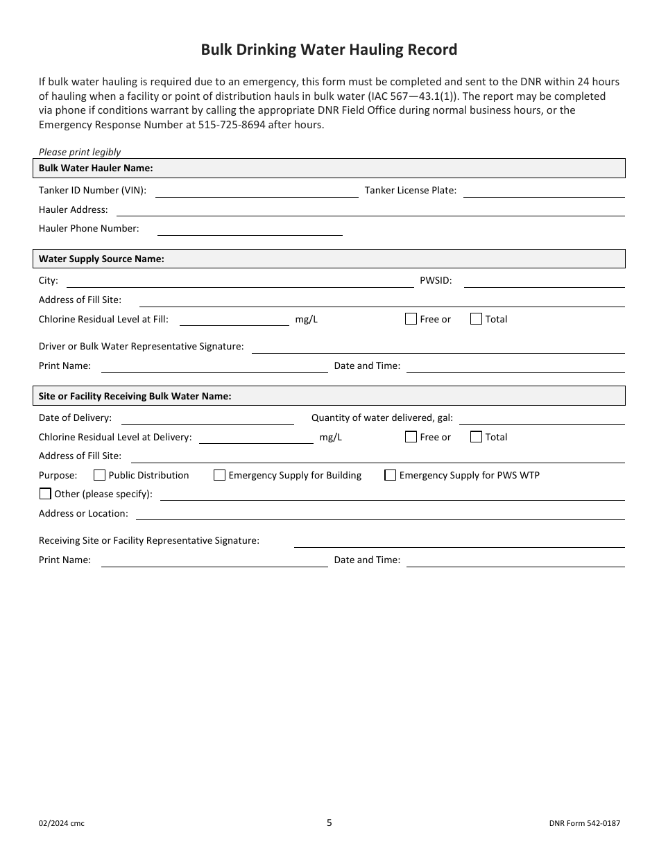 DNR Form 542-0187 Bulk Drinking Water Hauling Record - Iowa, Page 5