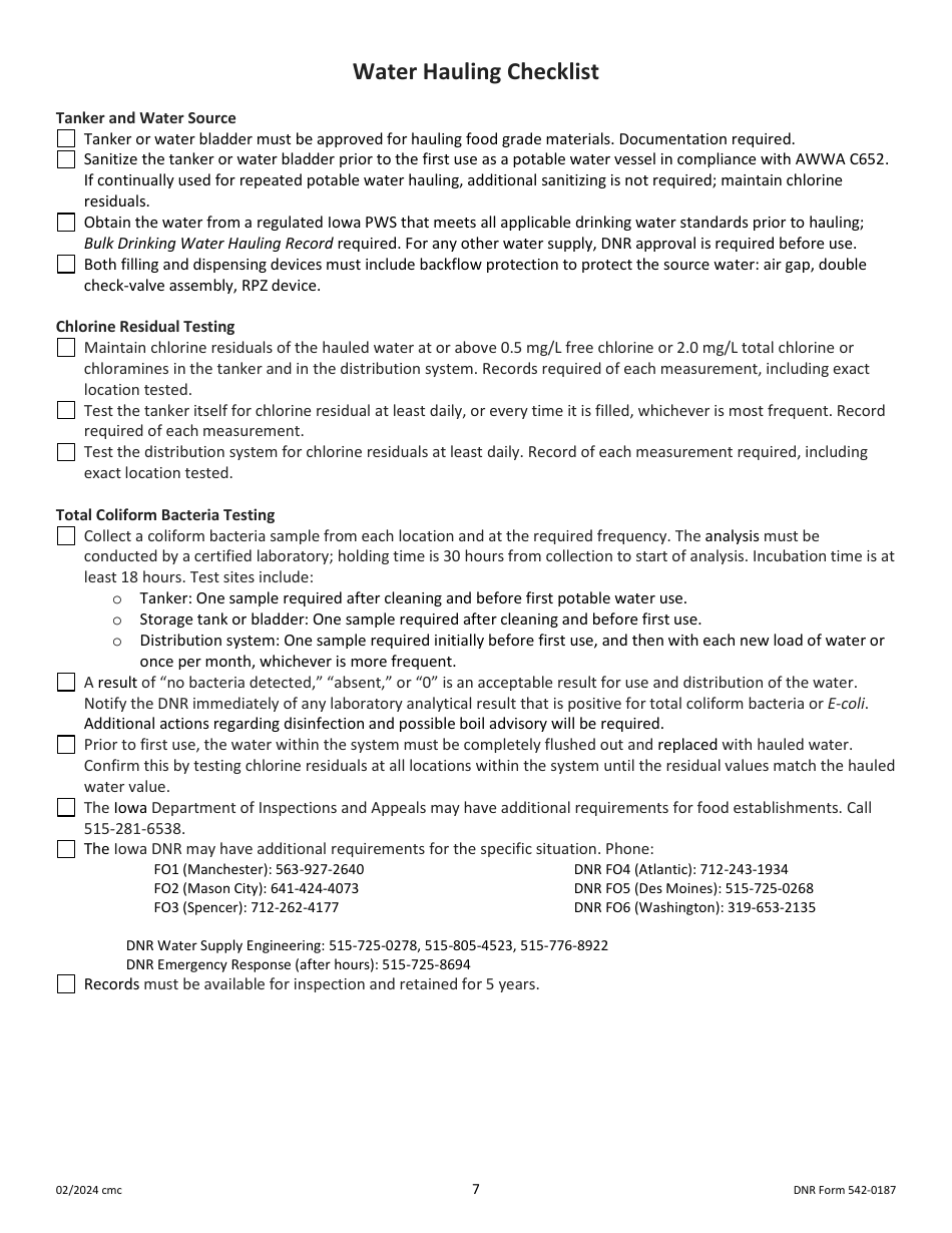 DNR Form 542-0187 Bulk Drinking Water Hauling Record - Iowa, Page 7