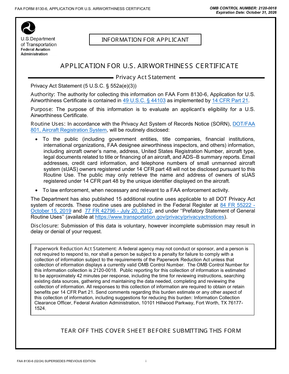 FAA Form 8130-6 Application for U.S. Airworthiness Certificate, Page 1