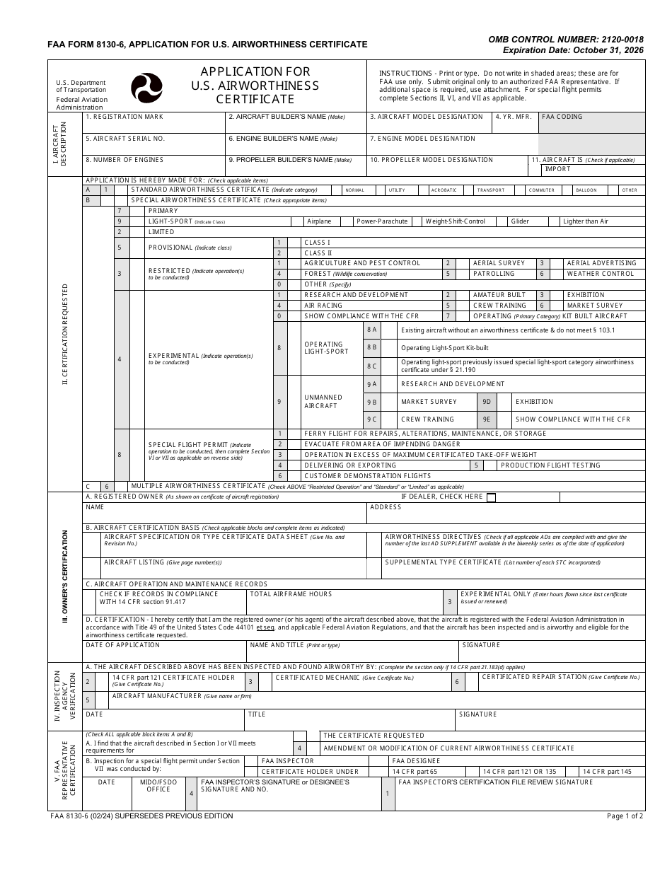 Faa Form 8130 6 Download Fillable Pdf Or Fill Online Application For Us Airworthiness 6167