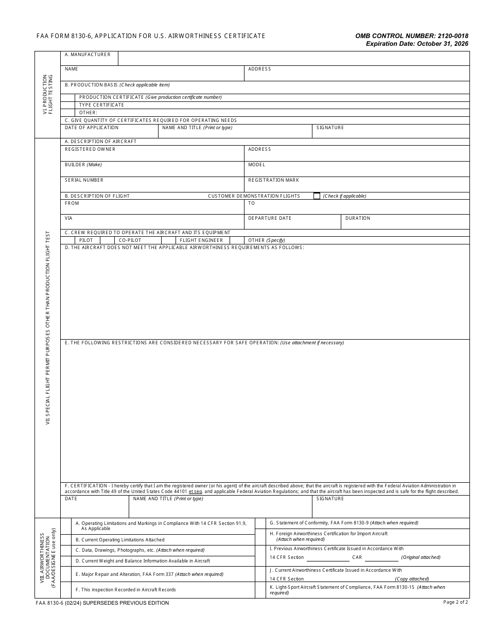 FAA Form 8130-6 Download Fillable PDF or Fill Online Application for U ...