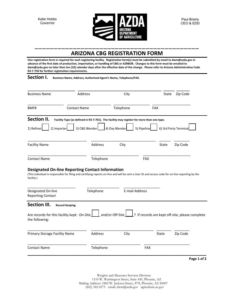 Arizona Cbg Registration Form - Arizona, Page 1