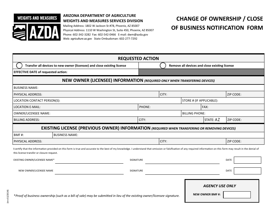 Change of Ownership / Close of Business Notification Form - Arizona, Page 2