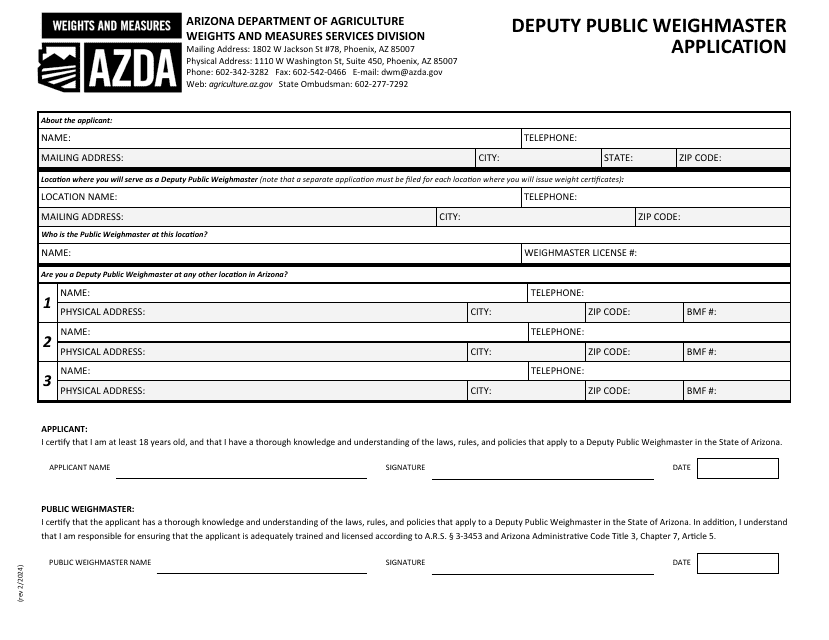 Deputy Public Weighmaster Application - Arizona Download Pdf