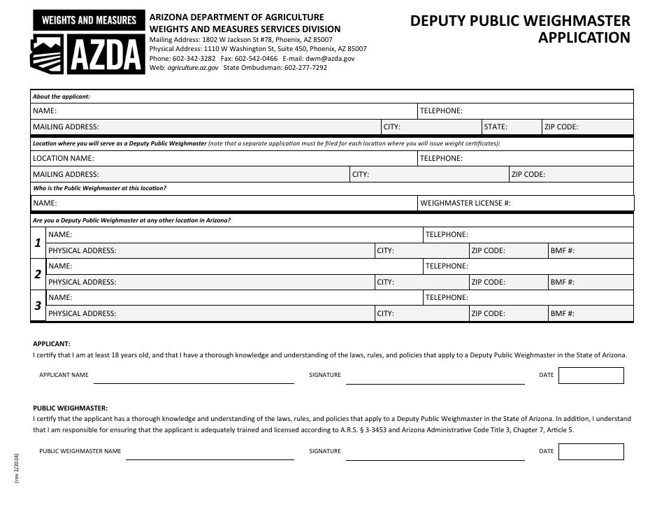 Deputy Public Weighmaster Application - Arizona, Page 1