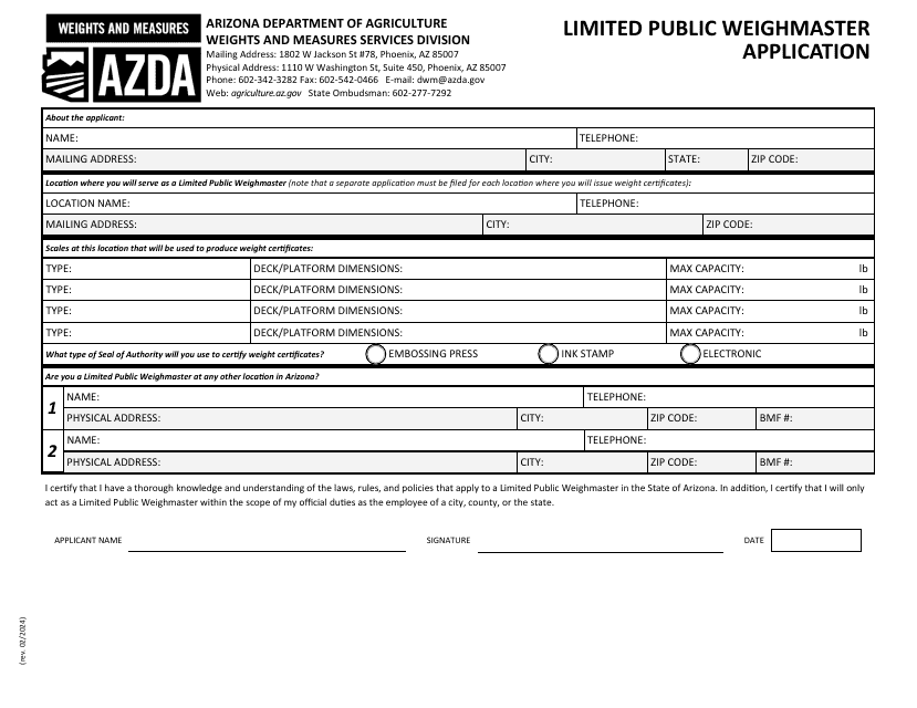 Limited Public Weighmaster Application - Arizona Download Pdf