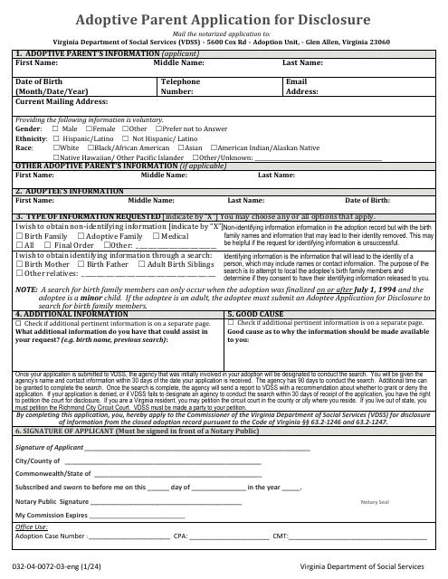Form 032-04-0072-03-ENG Adoptive Parent Application for Disclosure - Virginia