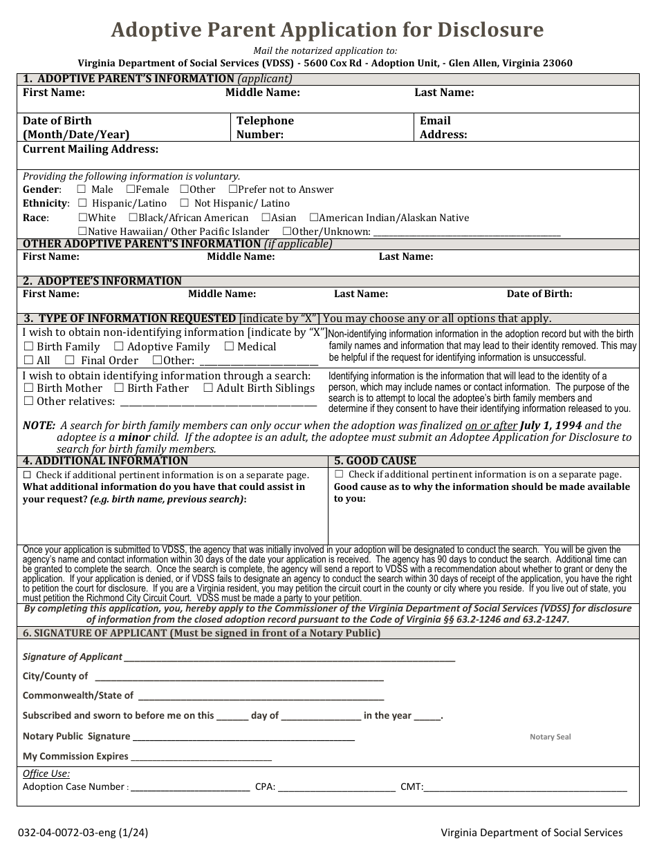 Form 032-04-0072-03-ENG Adoptive Parent Application for Disclosure - Virginia, Page 1