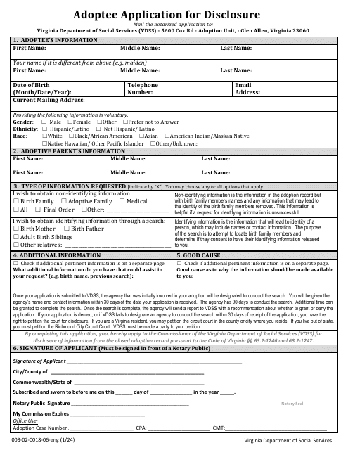 Form 003-02-0018-06-ENG Adoptee Application for Disclosure - Virginia