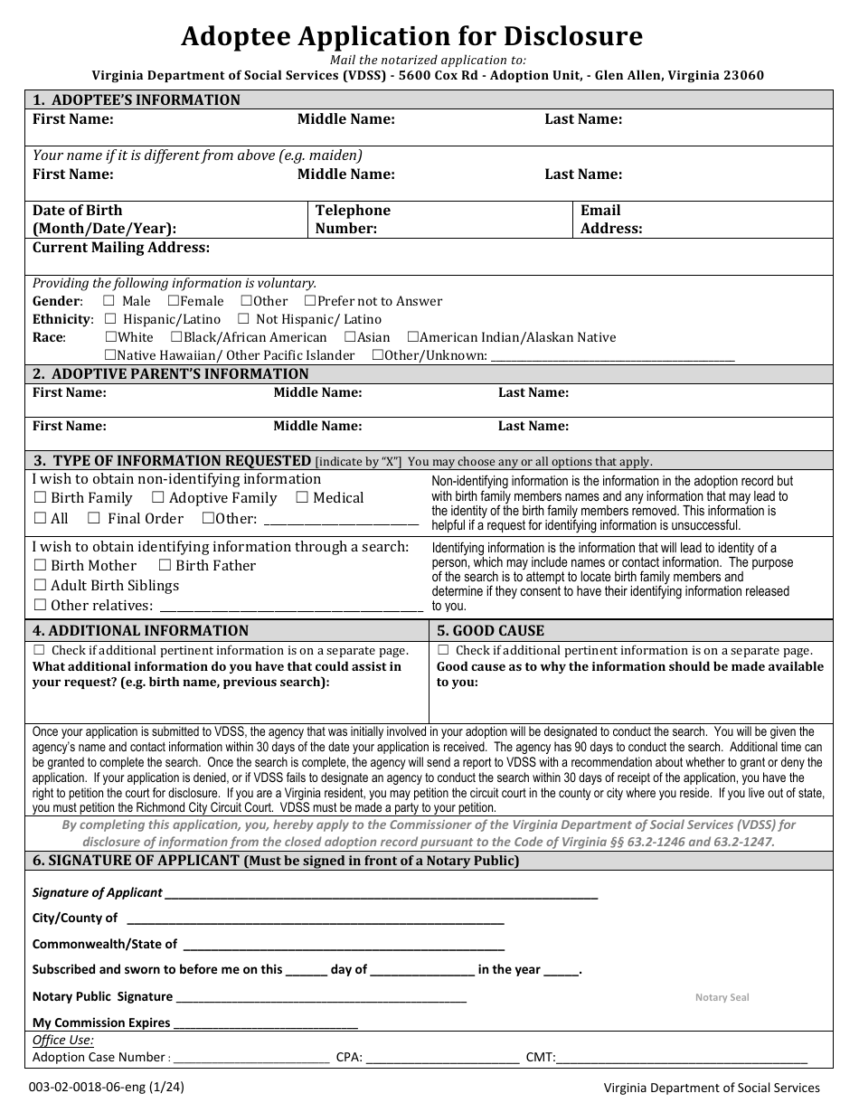 Form 003-02-0018-06-ENG Adoptee Application for Disclosure - Virginia, Page 1