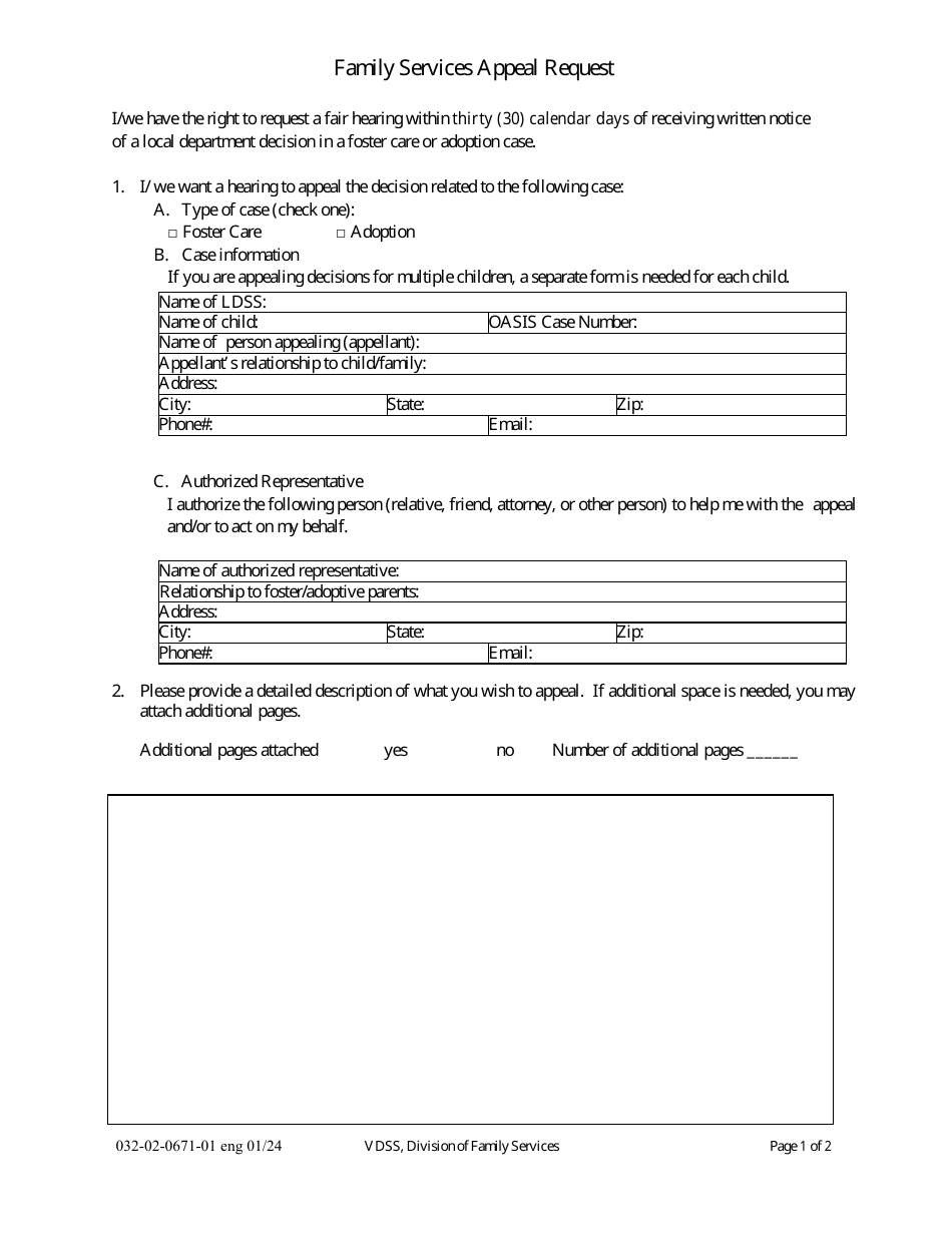Form 032-02-0671-ENG Family Services Appeal Request - Virginia, Page 1