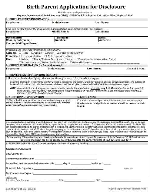 Form 032-04-0071-ENG Birth Parent Application for Disclosure - Virginia