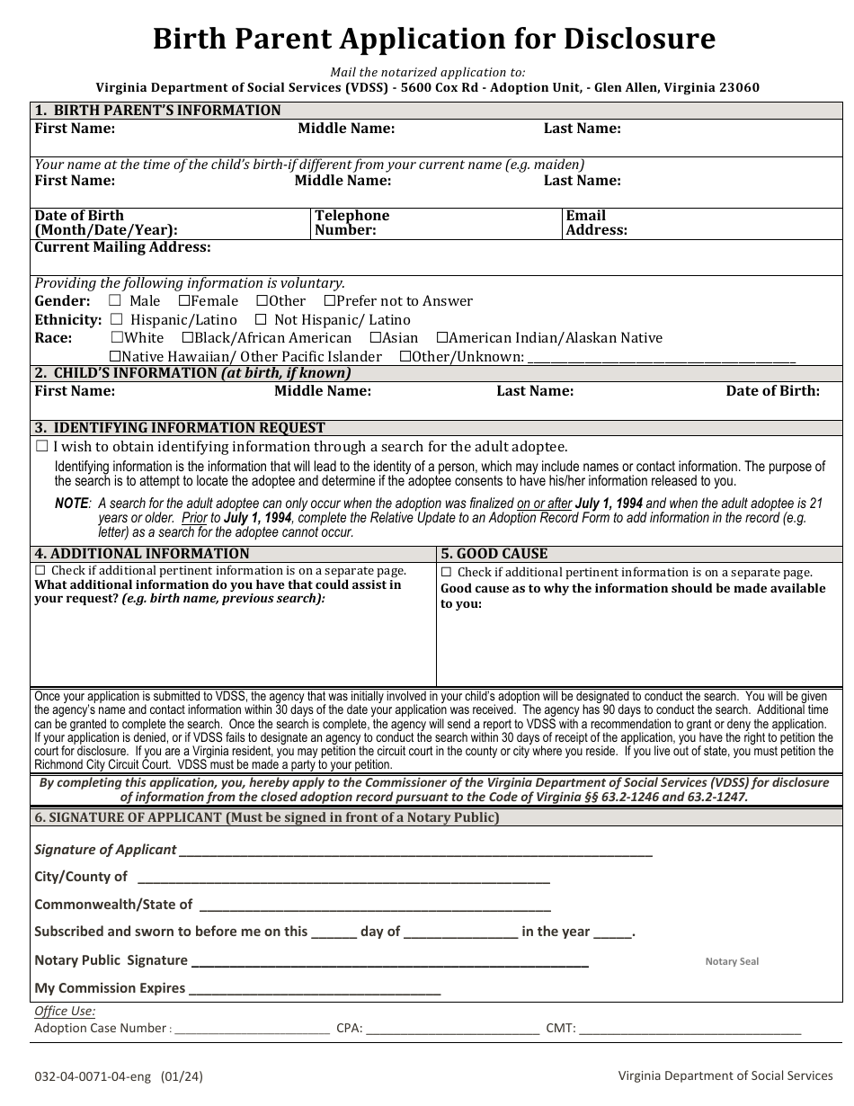 Form 032-04-0071-ENG Birth Parent Application for Disclosure - Virginia, Page 1