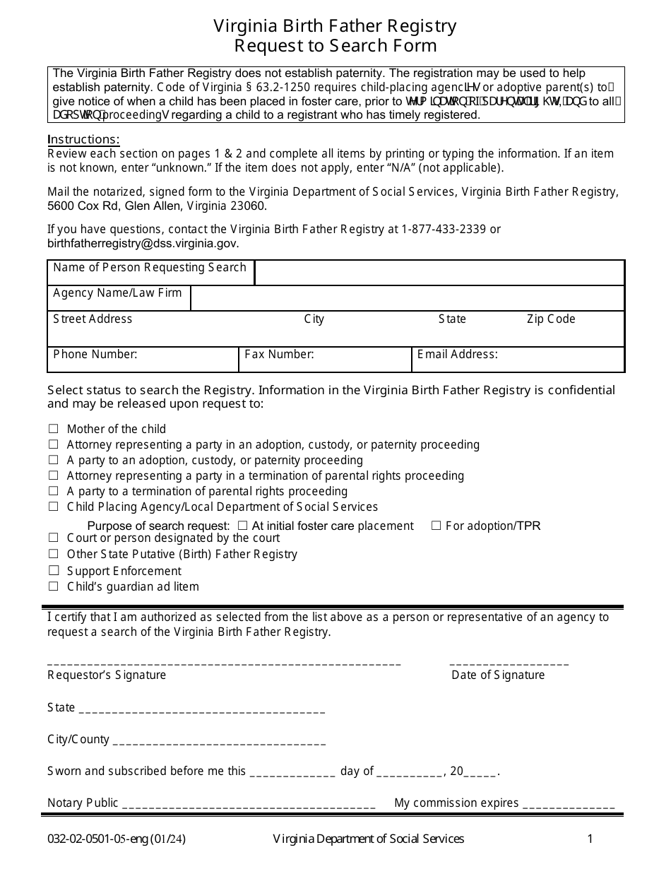 Form 032-02-0501-ENG Virginia Birth Father Registry Request to Search Form - Virginia, Page 1
