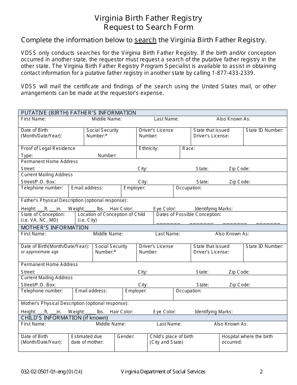 Form 032-02-0501-ENG Virginia Birth Father Registry Request to Search Form - Virginia, Page 2