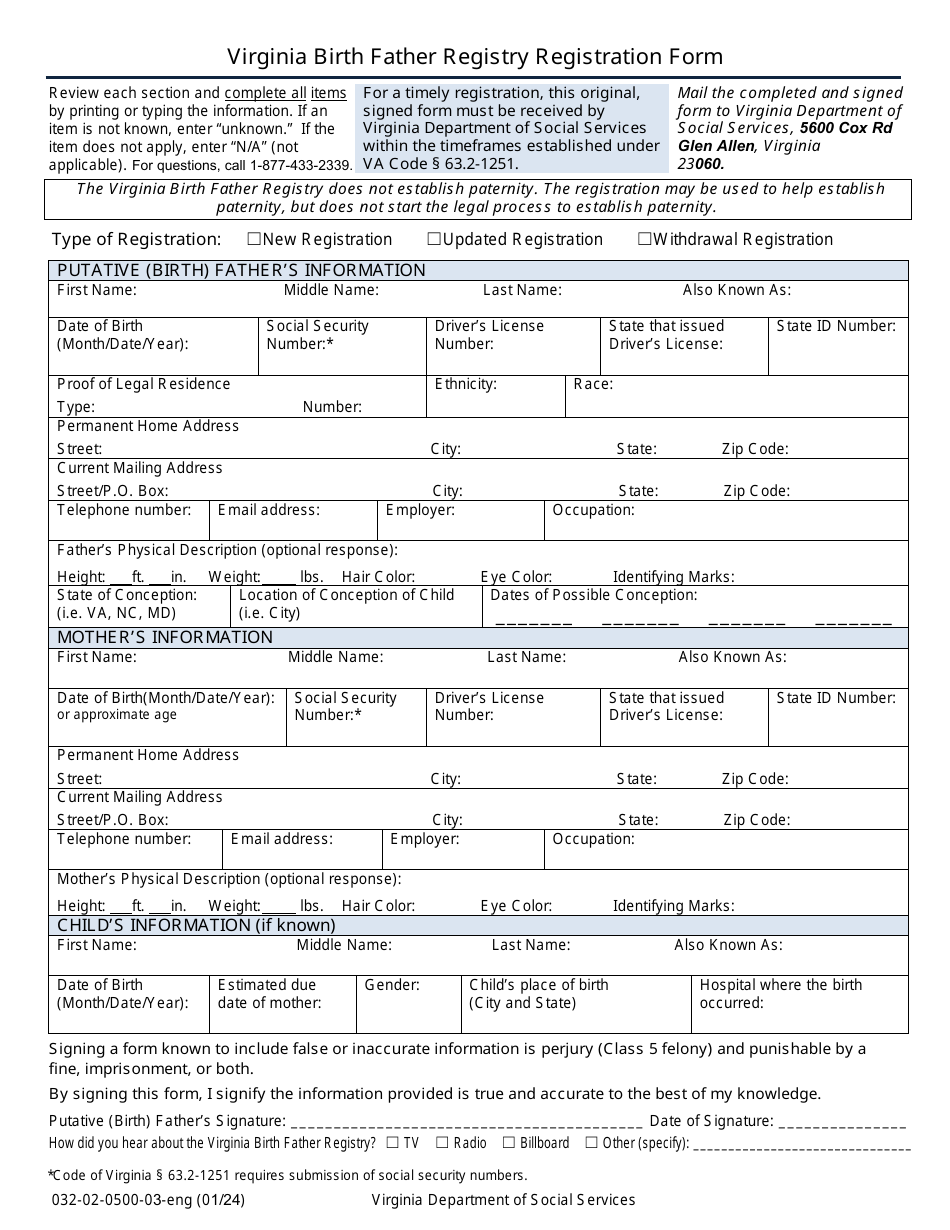Form 032-02-0500-ENG Virginia Birth Father Registry Registration Form - Virginia, Page 1