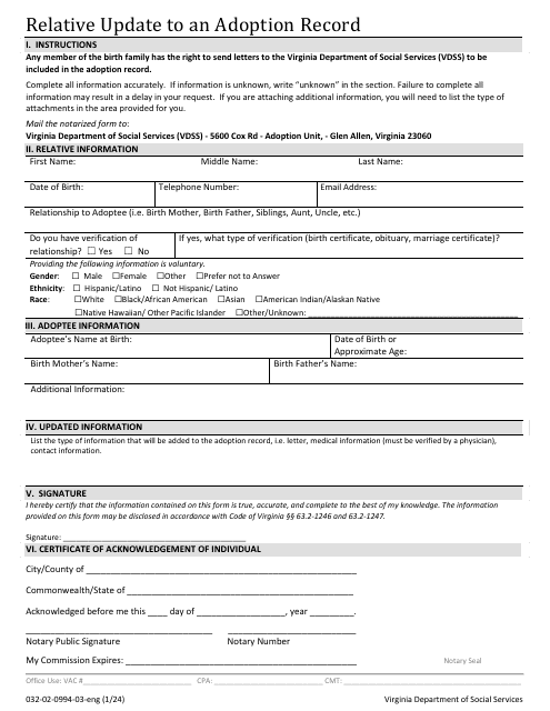 Form 032-02-0994-ENG Relative Update to an Adoption Record - Virginia