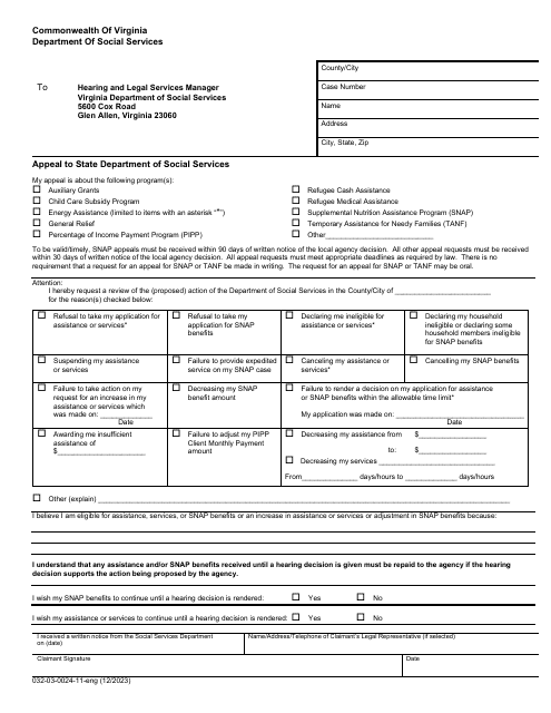 Form 032-03-0024-11-ENG Appeal to State Department of Social Services - Virginia