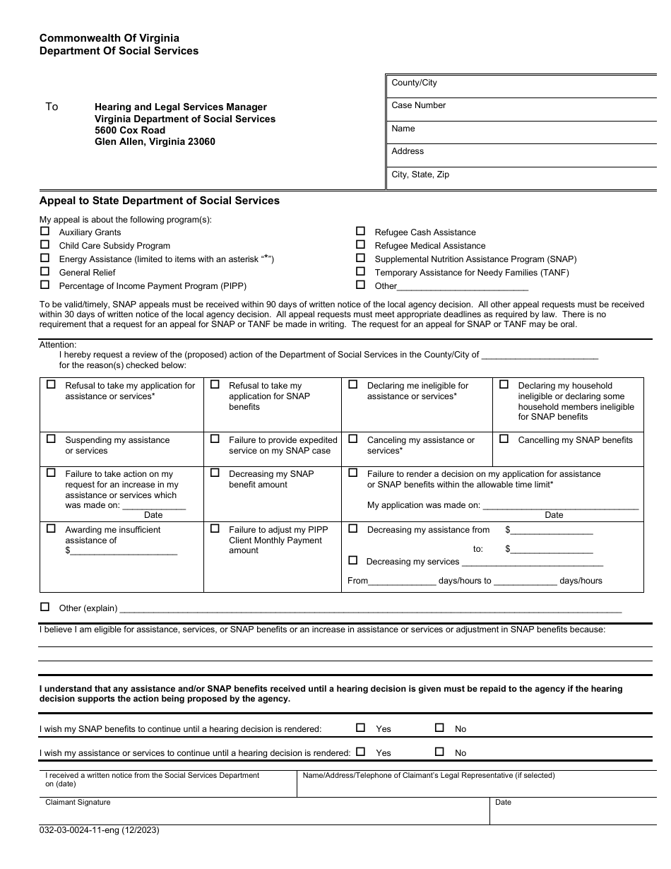 Form 032-03-0024-11-ENG Appeal to State Department of Social Services - Virginia, Page 1