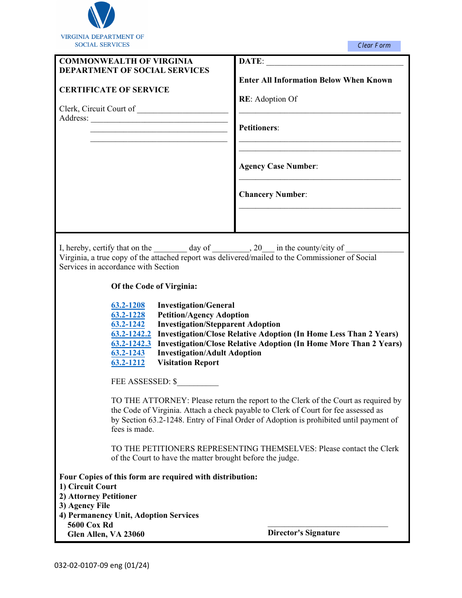 Form 032-02-0107-09 ENG Certificate of Service - Virginia, Page 1