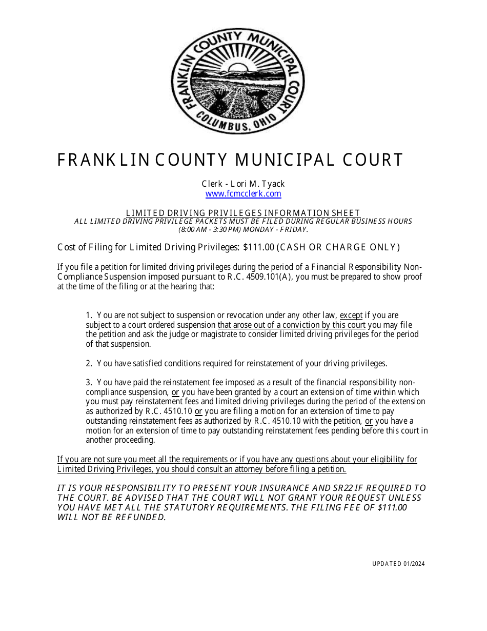 Franklin County, Ohio Petition and Worksheet for Limited Driving