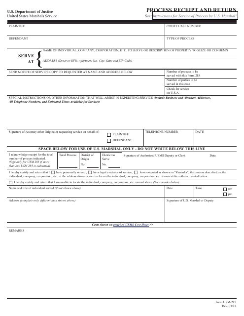 Form USM-285 Process Receipt and Return