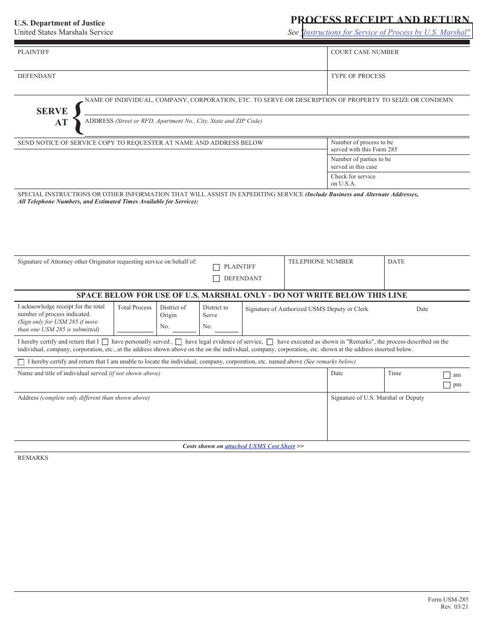 Form USM-285 Process Receipt and Return, Page 1