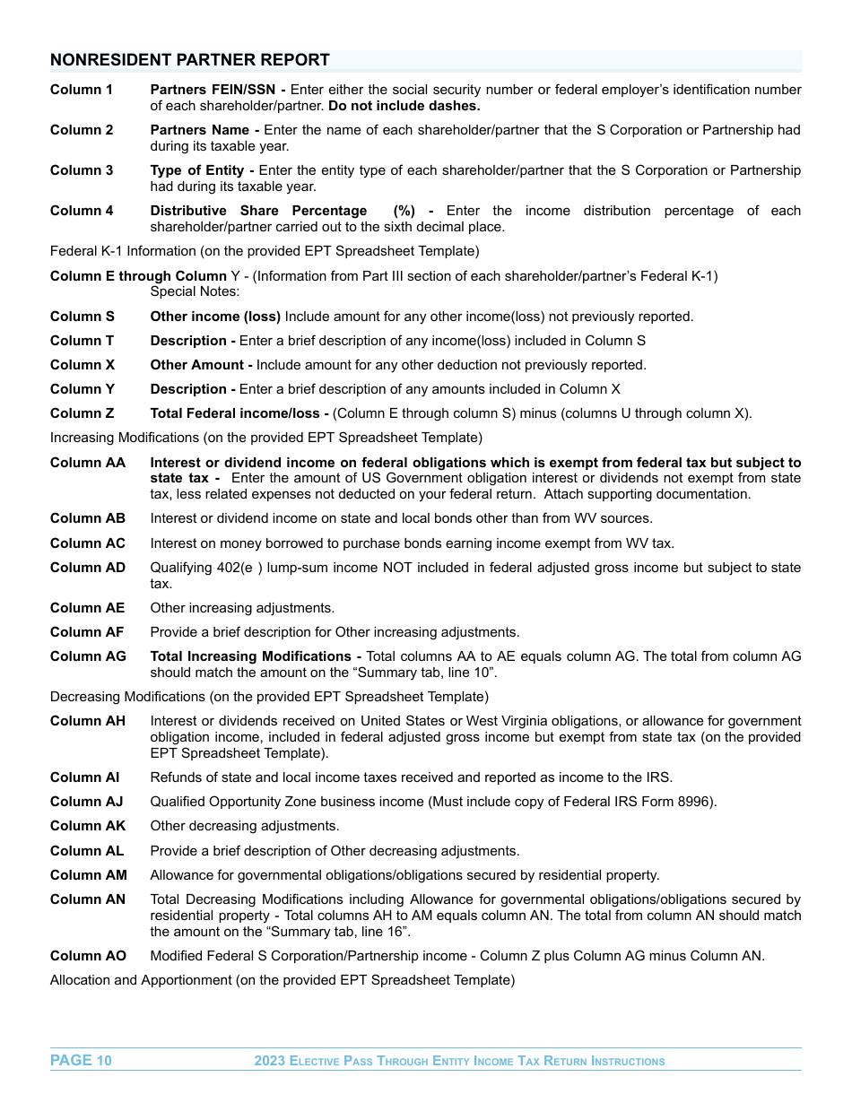 Instructions for Form EPT-100 Elective Pass Through Entity Return - West Virginia, Page 10