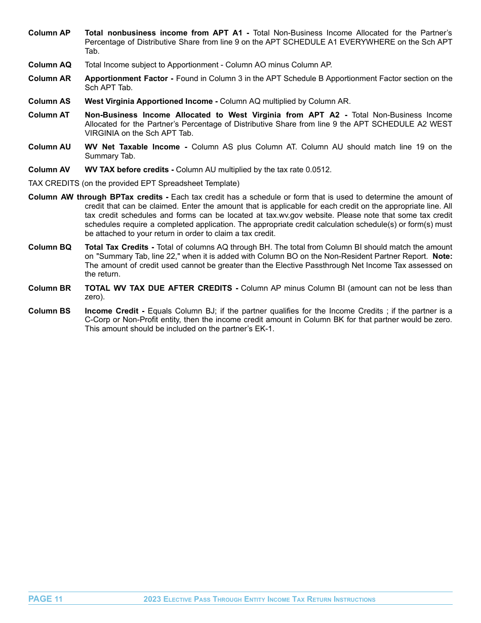 Instructions for Form EPT-100 Elective Pass Through Entity Return - West Virginia, Page 11