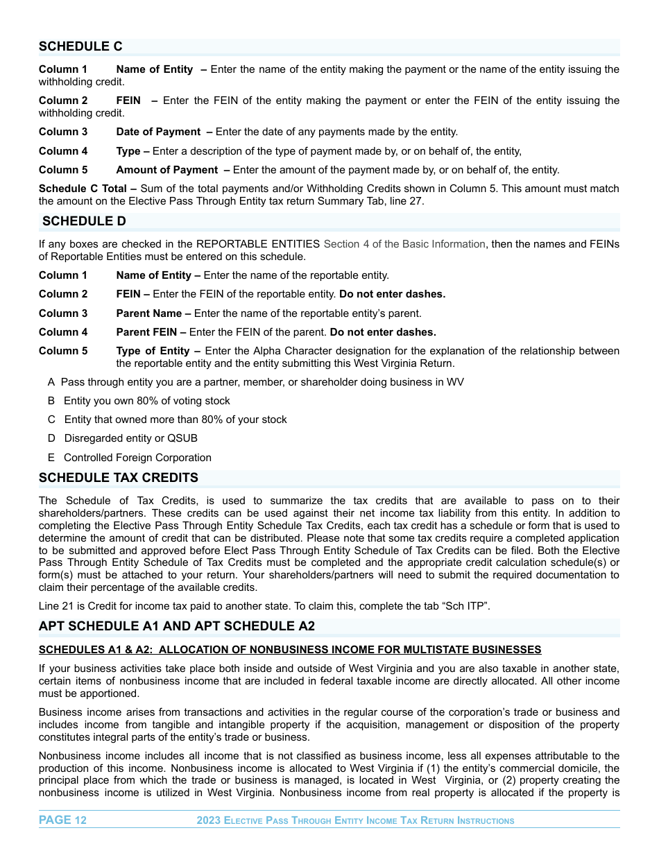 Instructions for Form EPT-100 Elective Pass Through Entity Return - West Virginia, Page 12