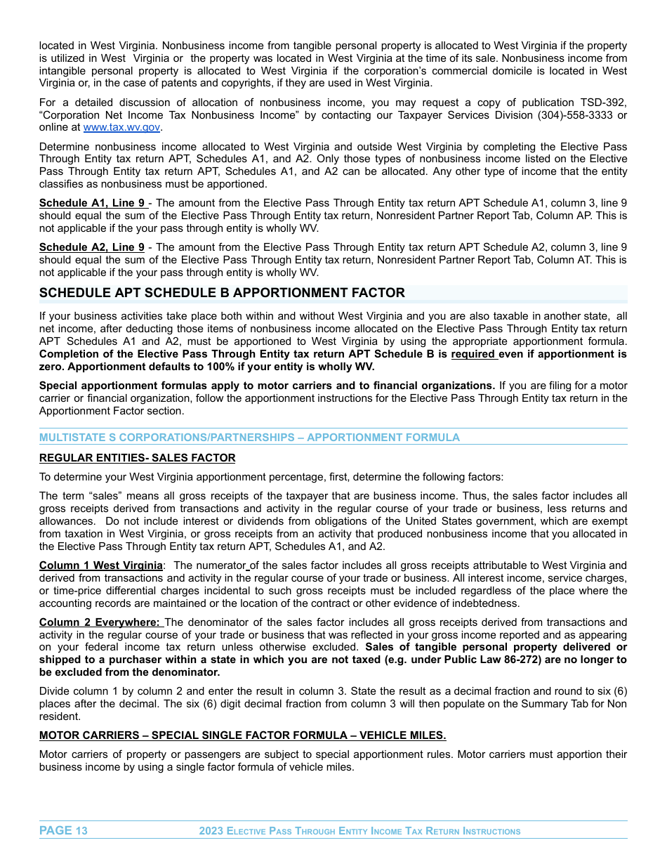 Instructions for Form EPT-100 Elective Pass Through Entity Return - West Virginia, Page 13