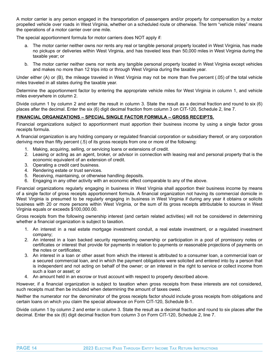 Instructions for Form EPT-100 Elective Pass Through Entity Return - West Virginia, Page 14