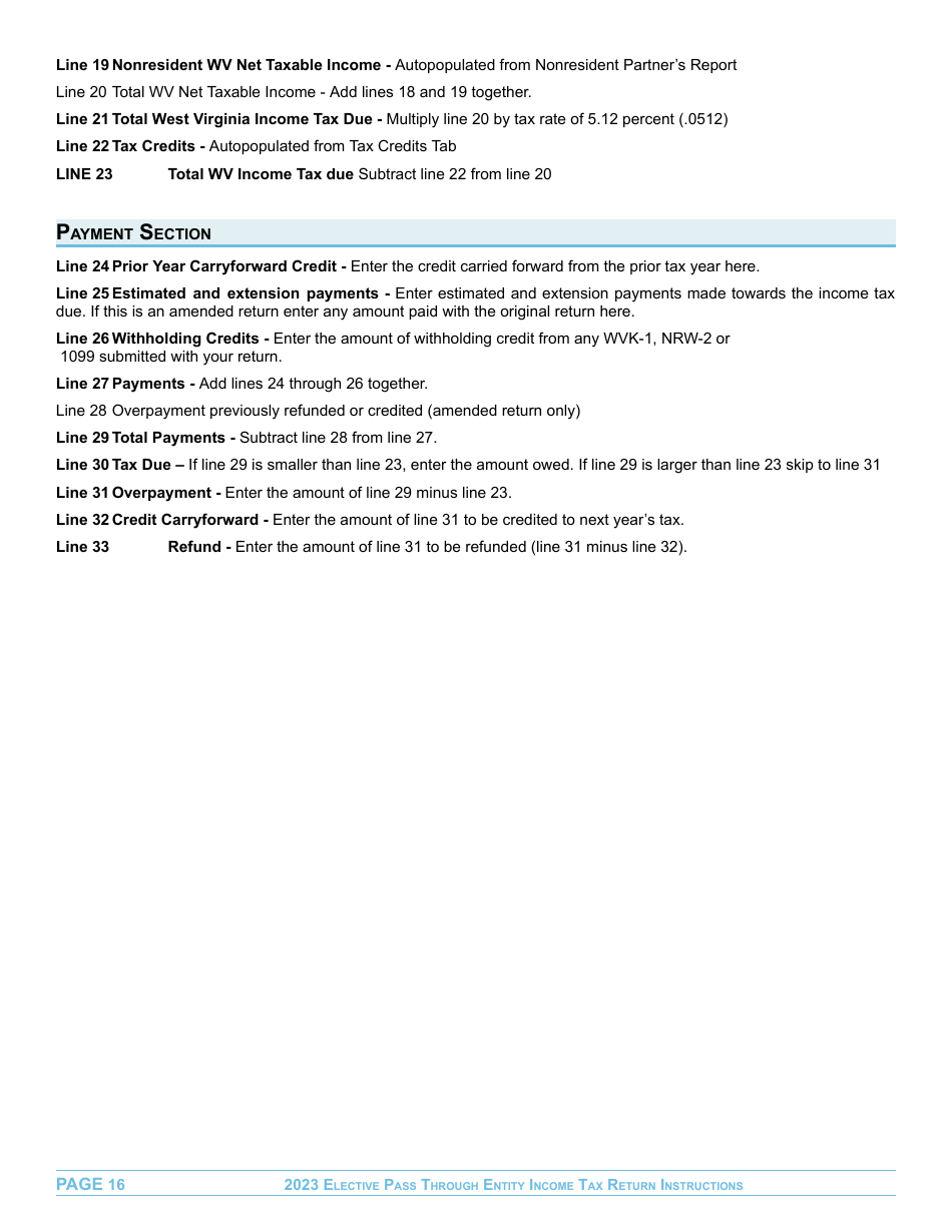 Instructions for Form EPT-100 Elective Pass Through Entity Return - West Virginia, Page 16